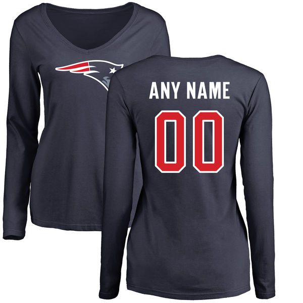 Women New England Patriots NFL Pro Line Navy Custom Name and Number Logo Slim Fit Long Sleeve T-Shirt